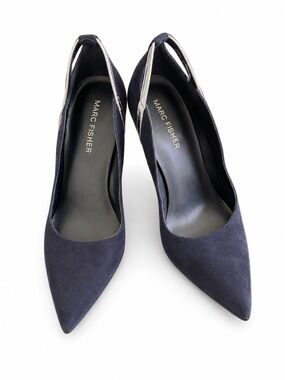Marc Fisher Navy Suede Pointed Toe High Heel Pumps Silver Trim Size 6M